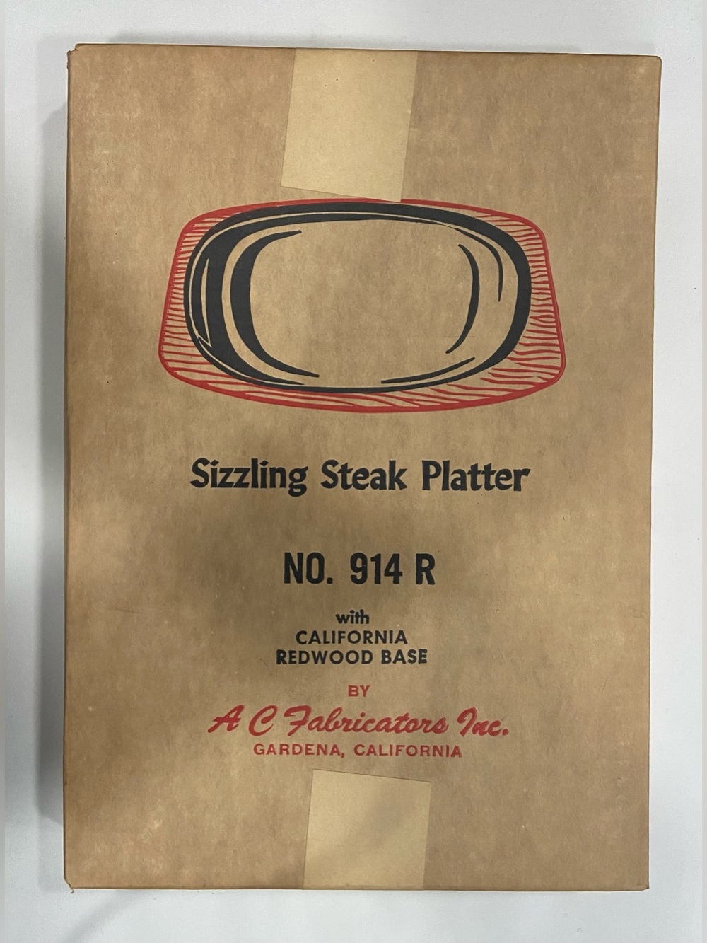 Vintage A C Fabricators Inc. Sizzling Steak Platter w/ California Redwood Base